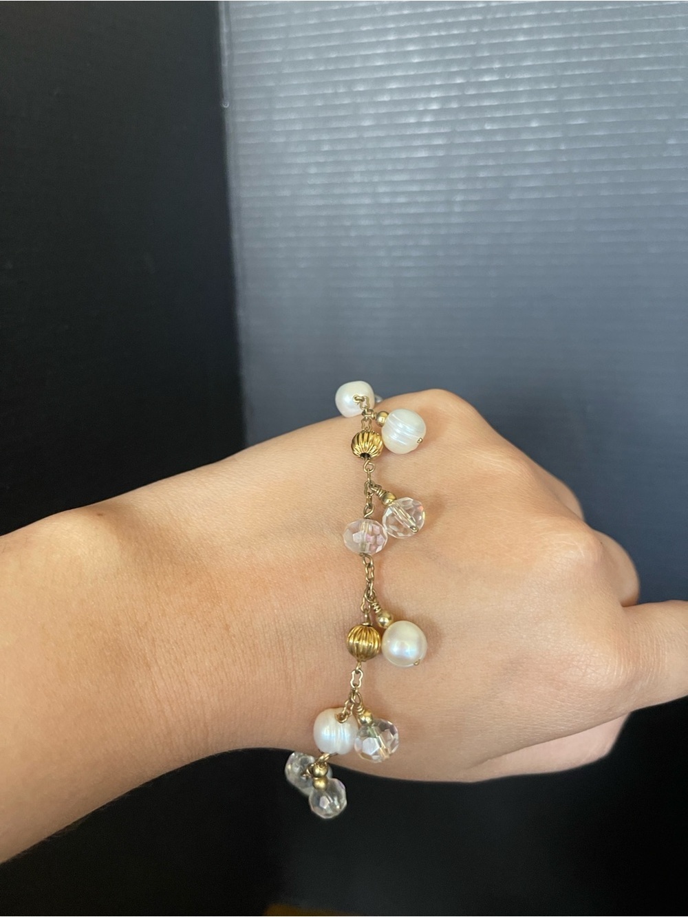 14k gold filled authentic Pearl Aurora borealis crystal charm bracelet 8.5 inch